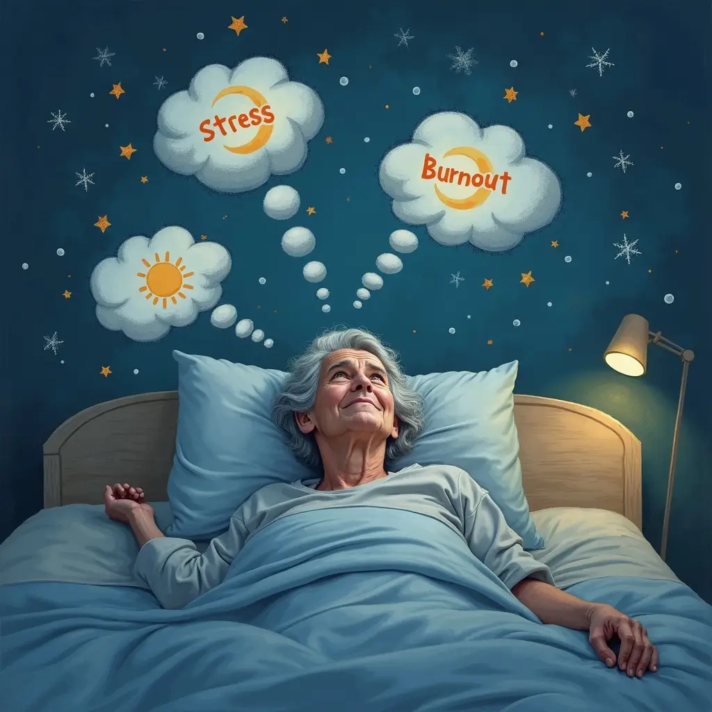 ältere Person liegt friedlich im Bett, Gedankenblasen mit „Stress, Burnout, Ängste, Sorgen“ verschwinden