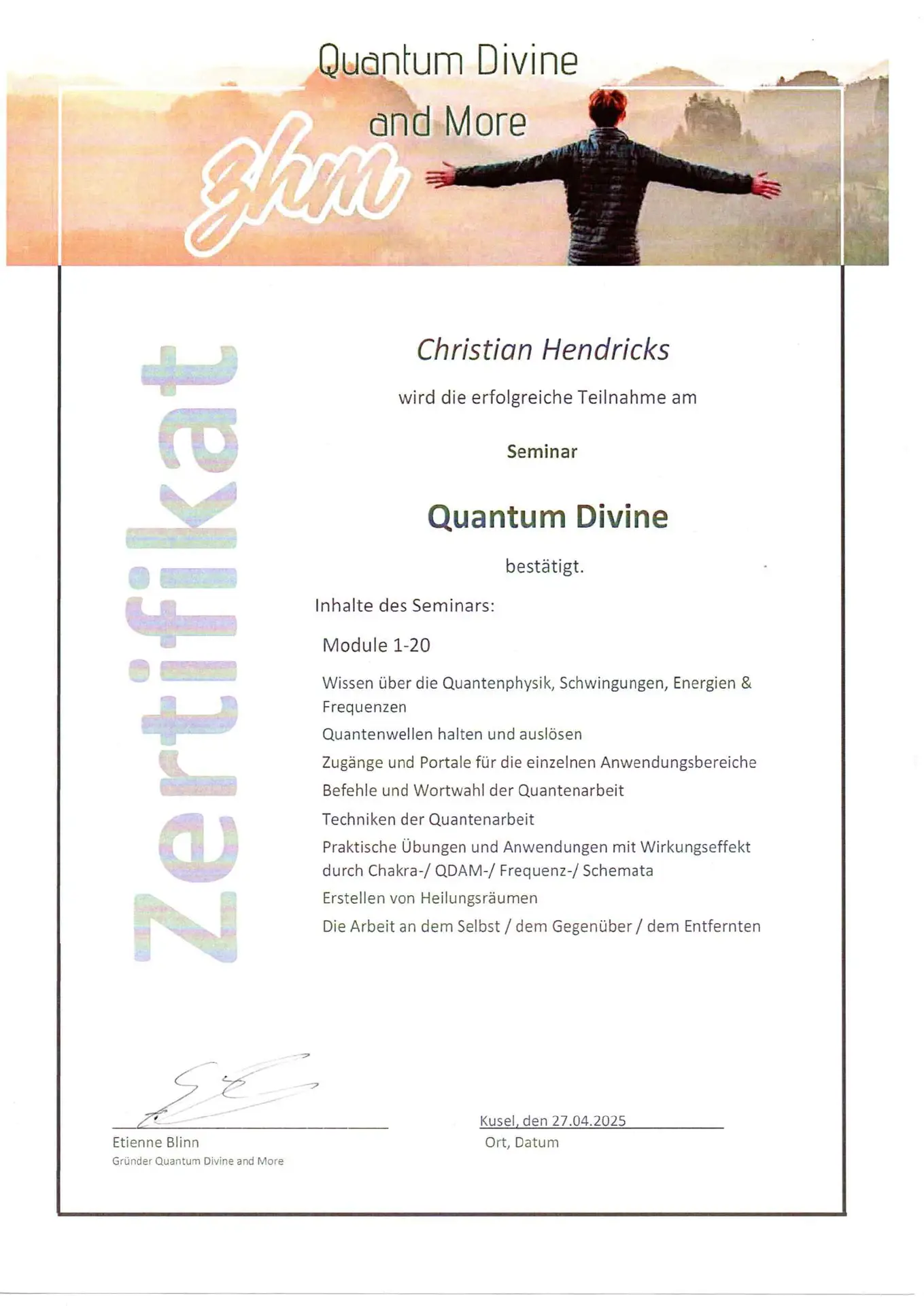 Quantum Divene Zertifikat Christian Hendricks