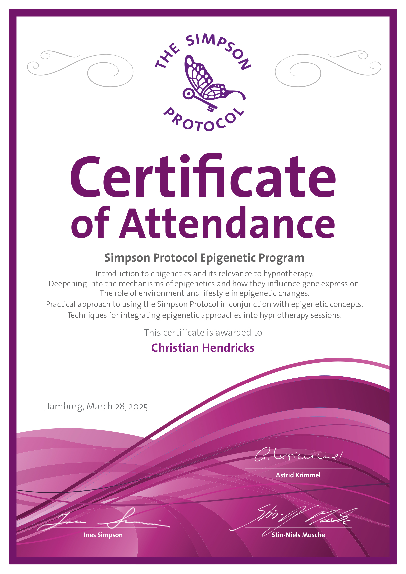 Zertifikat Epigenetic Programm Christian Hendricks
