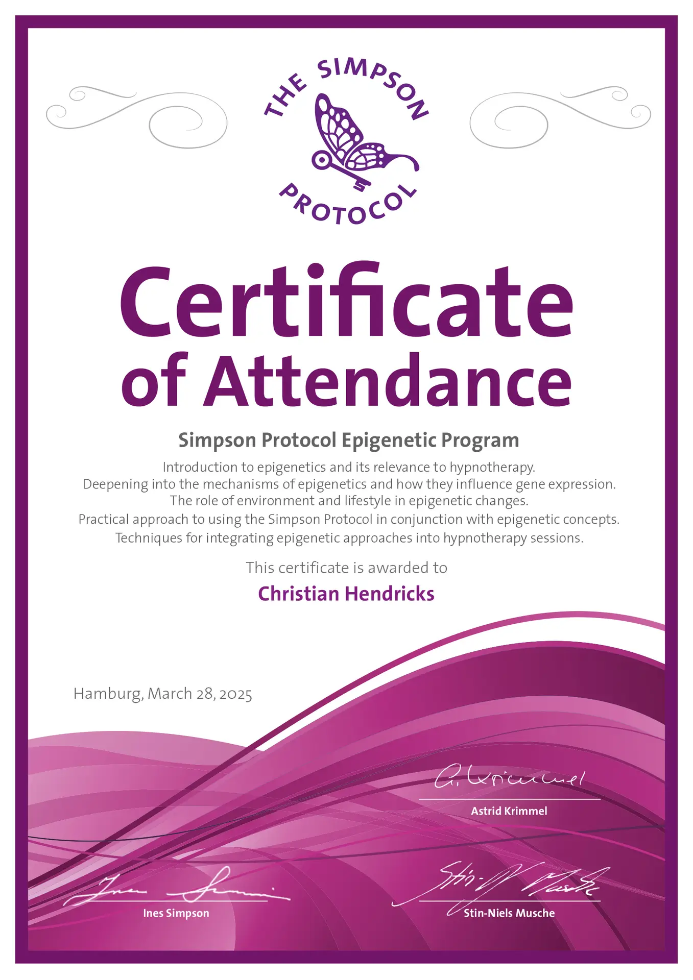 Zertifikat Epigenetic Programm Christian Hendricks