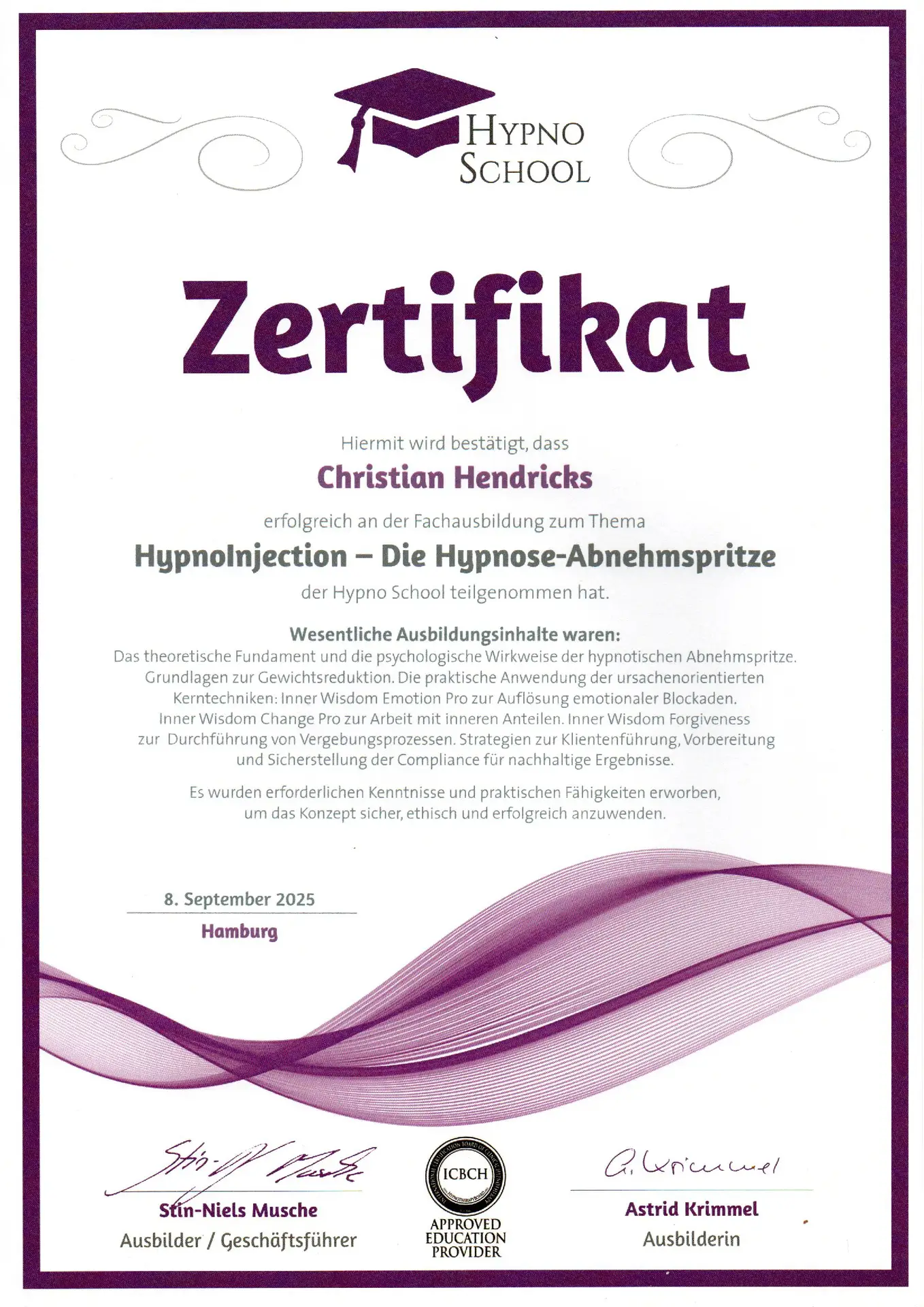 Zertifikat HypnoInjection-Die Hypnose-Abnehmspritze Christian Hendricks