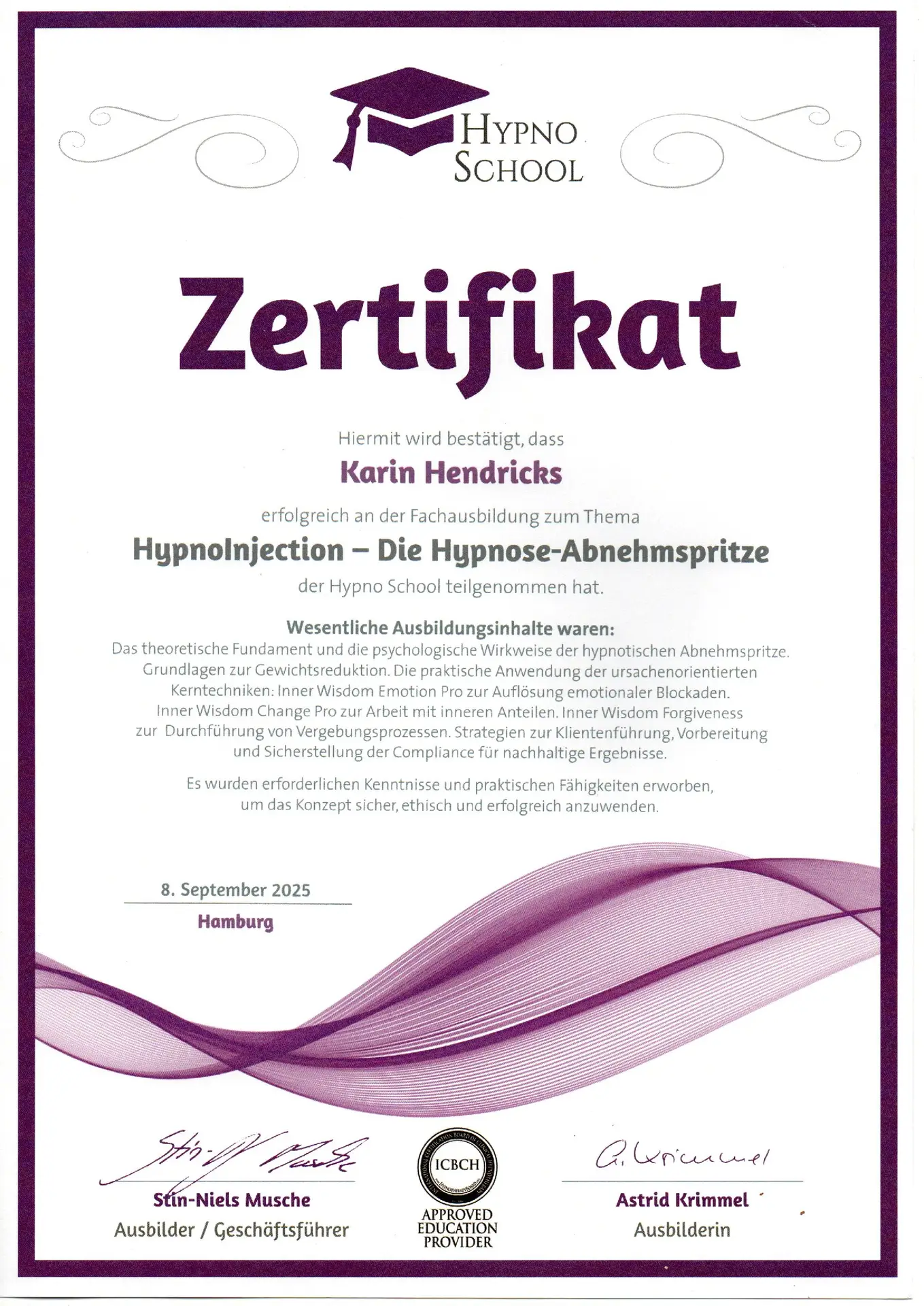 Zertifikat HypnoInjection-Die Hypnose-Abnehmspritze Karin Hendricks