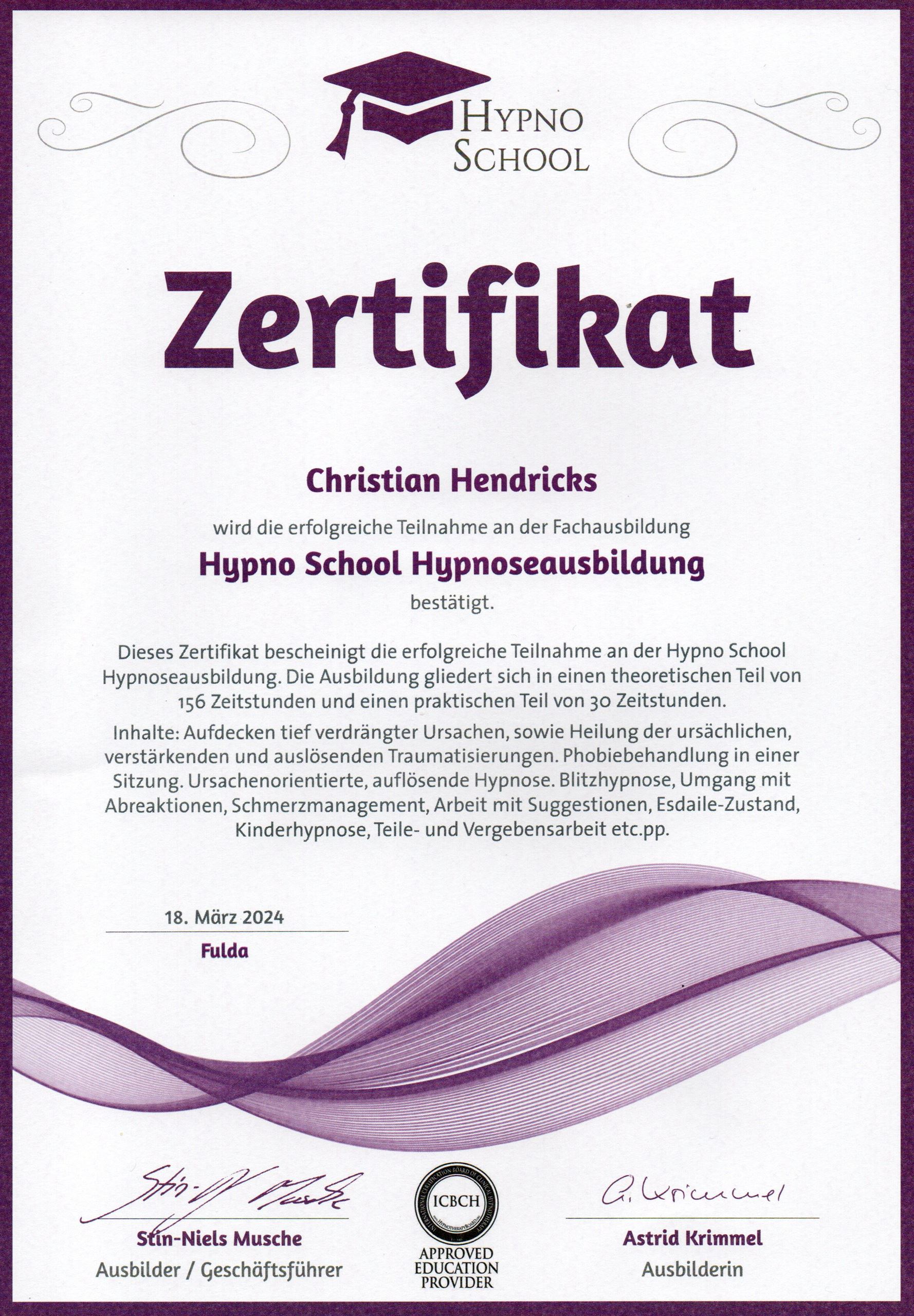 Zertifikat Hypnoseausbildung Christian Hendricks