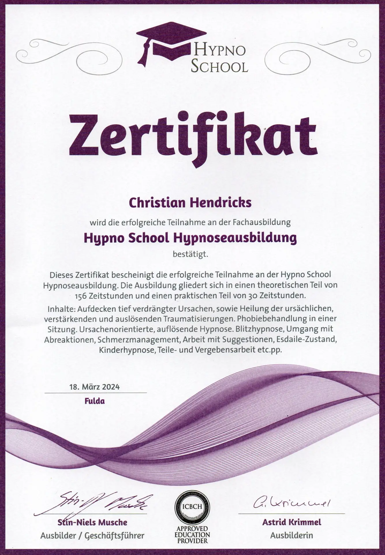 Zertifikat Hypnoseausbildung Christian Hendricks