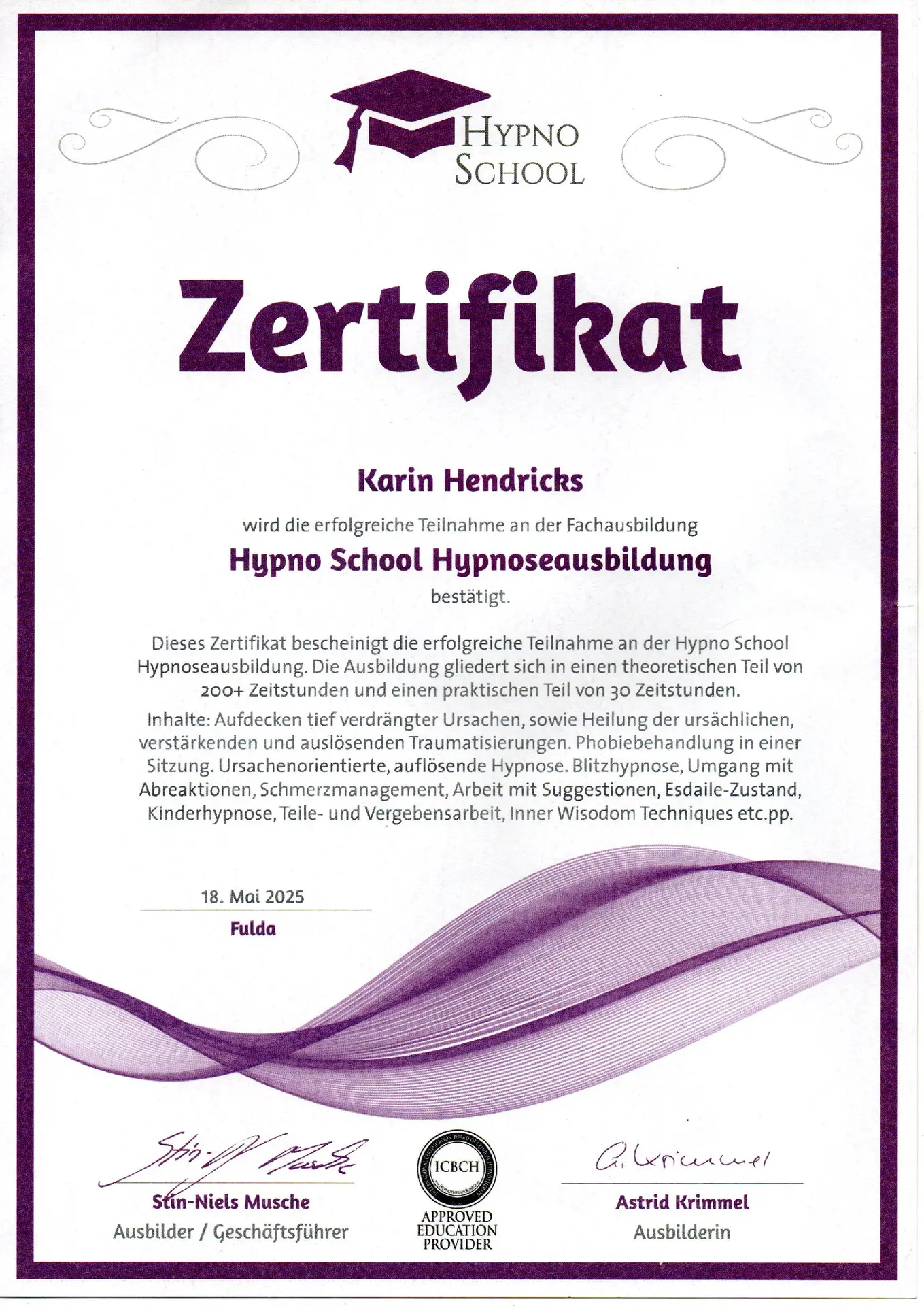 Zertifikat Hypnoseausbildung Karin Hendricks