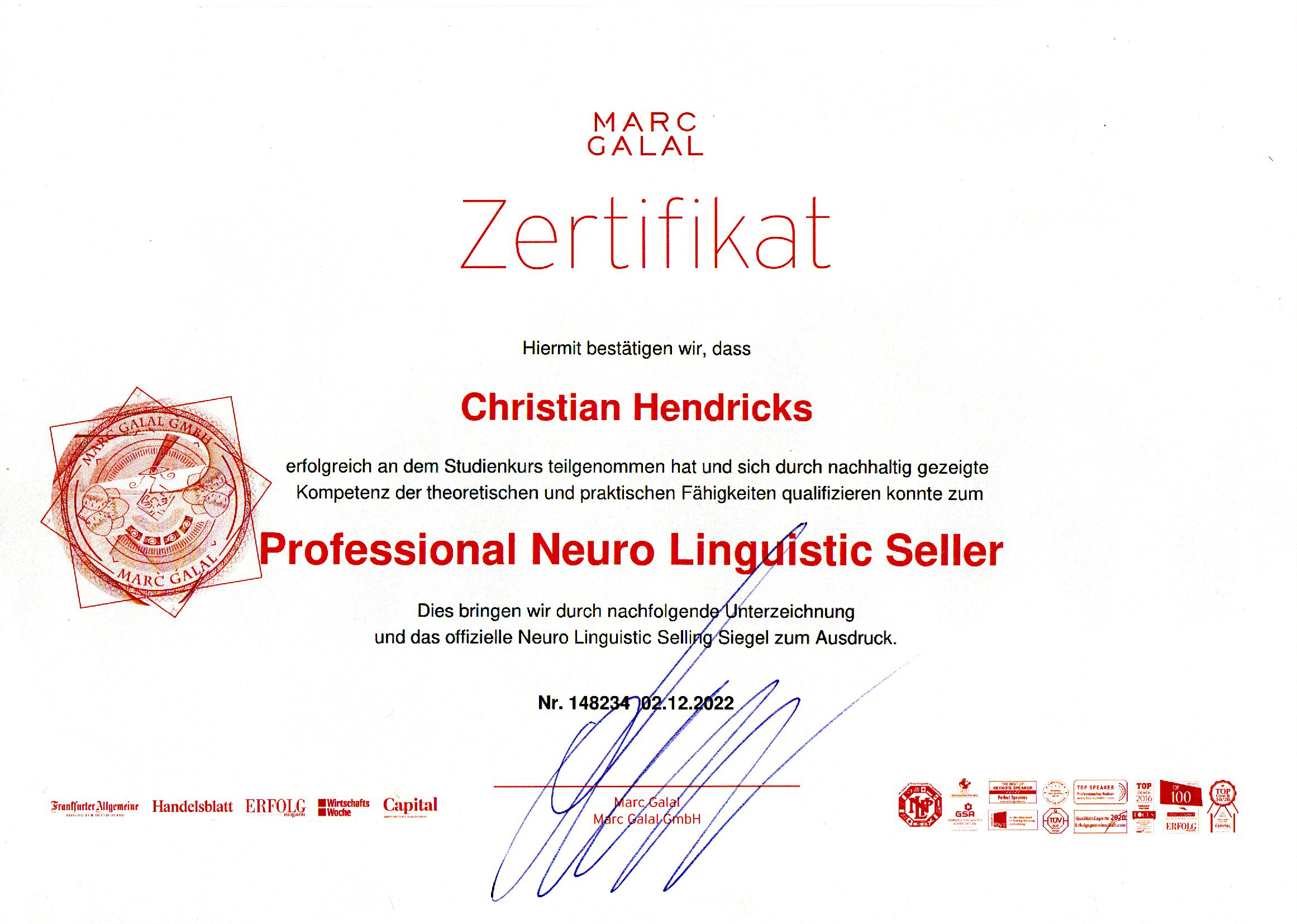 Zertifikat Professional Neuro Linguistic Seller Christian Hendricks
