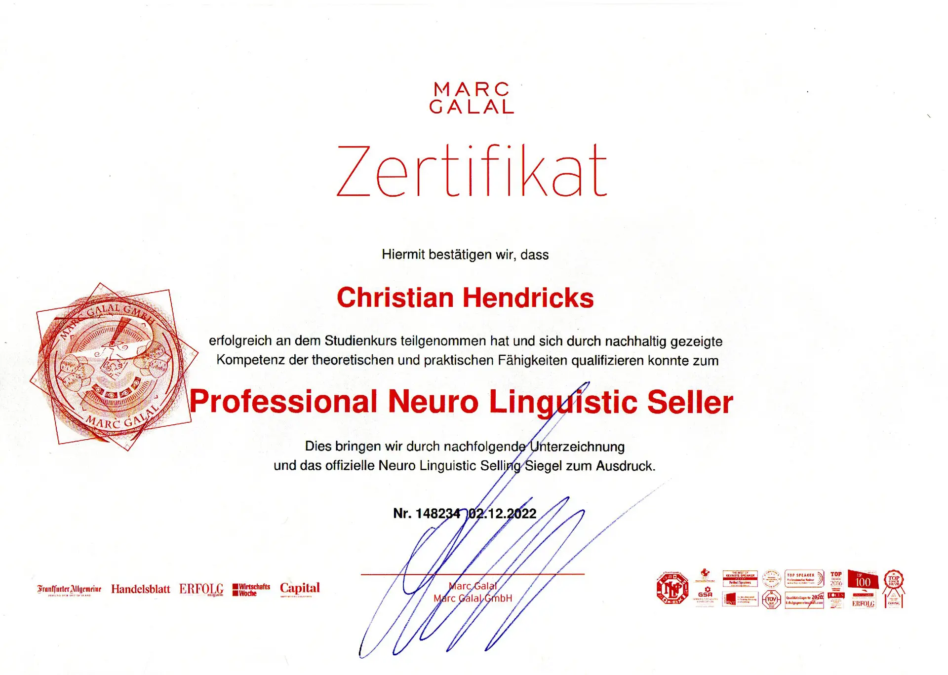 Zertifikat Professional Neuro Linguistic Seller Christian Hendricks