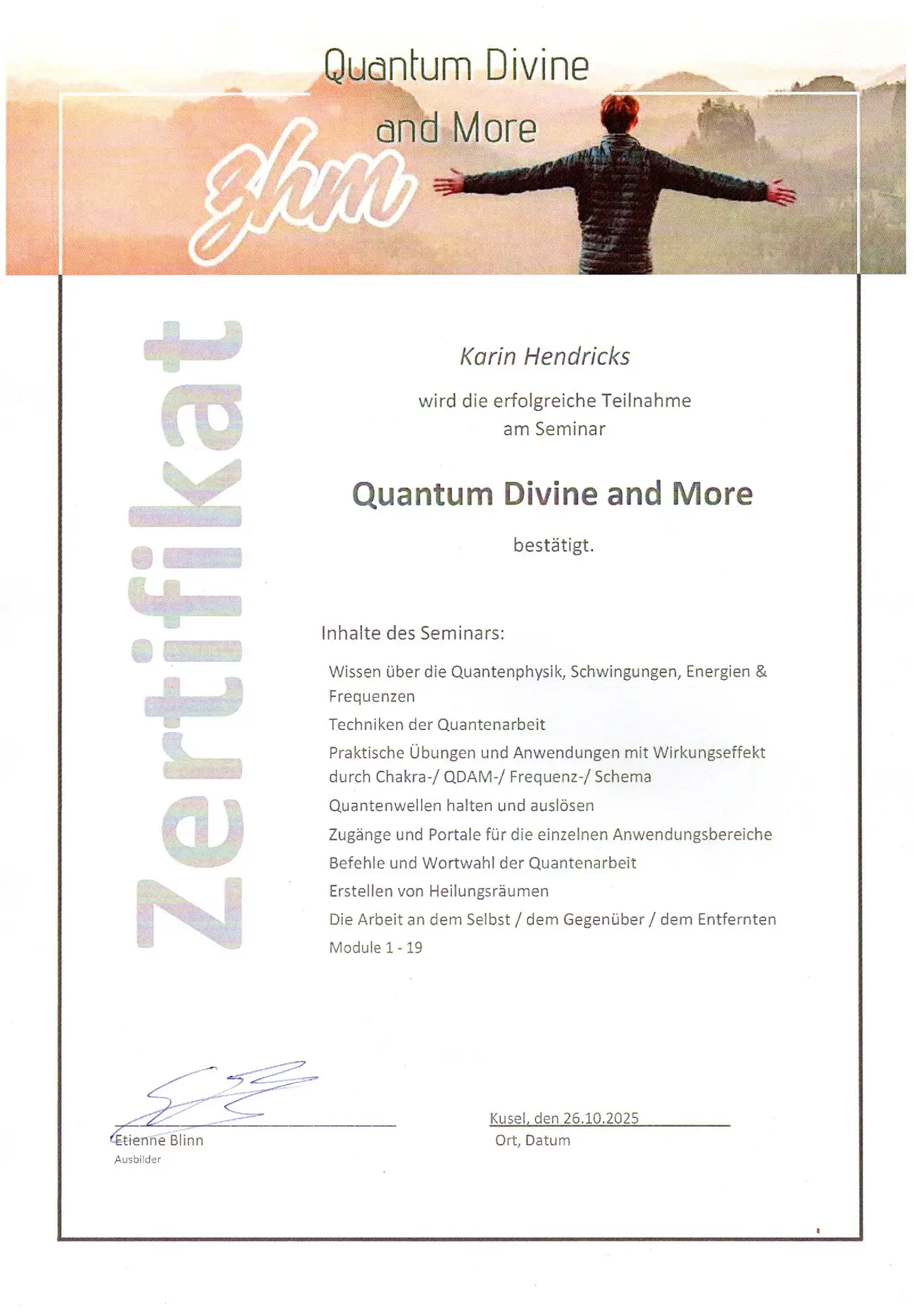 Zertifikat Quantum Divene Karin Hendricks