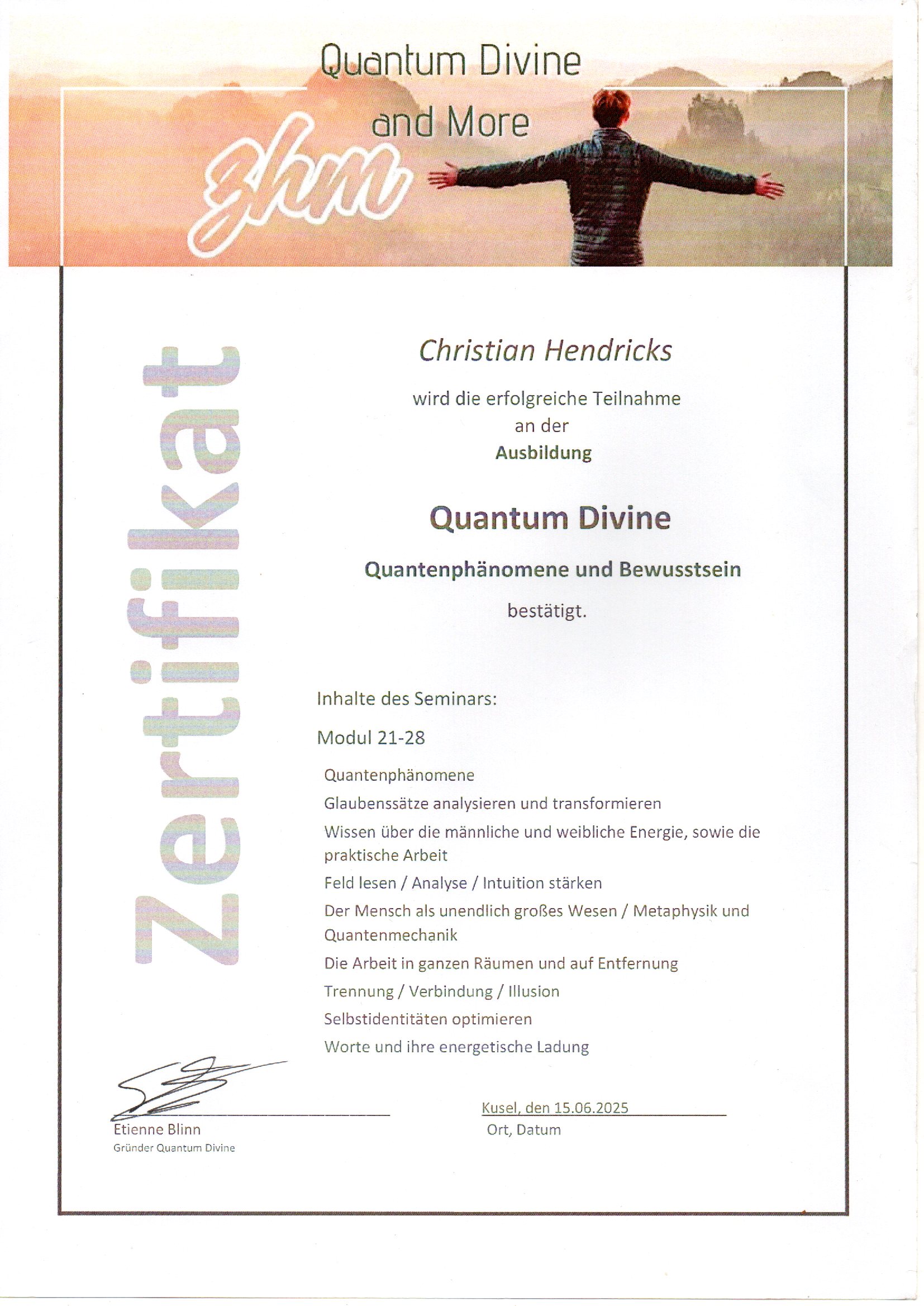 Zertifikat Quantum Divene Quantenphänomene und Bewusstsein Christian Hendricks
