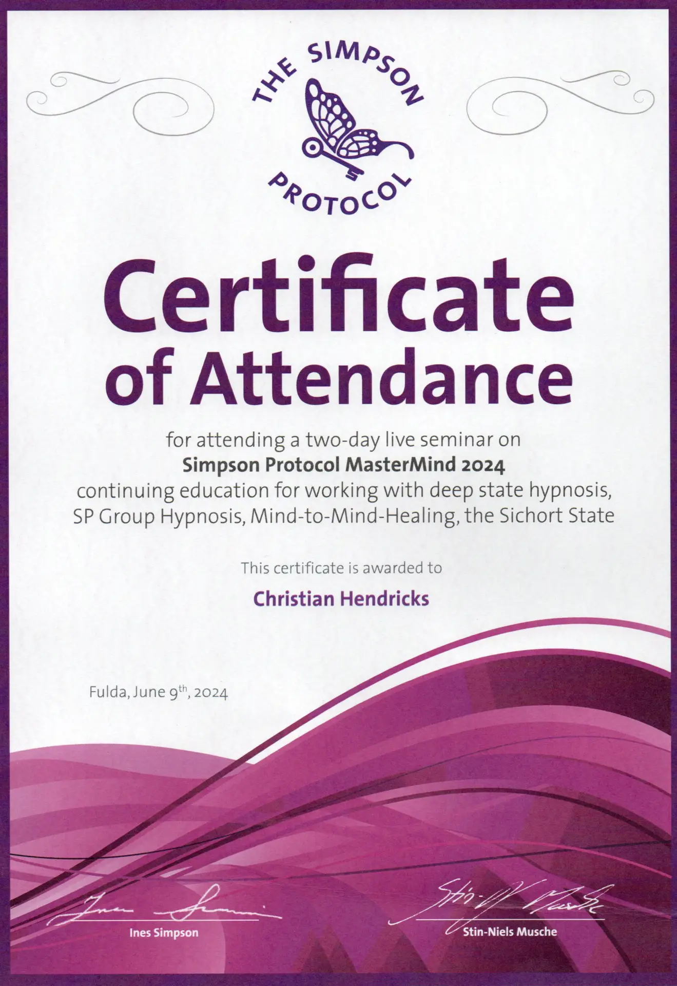 Zertifikat Simpson Protocol MasterMind 2024 Christian Hendricks