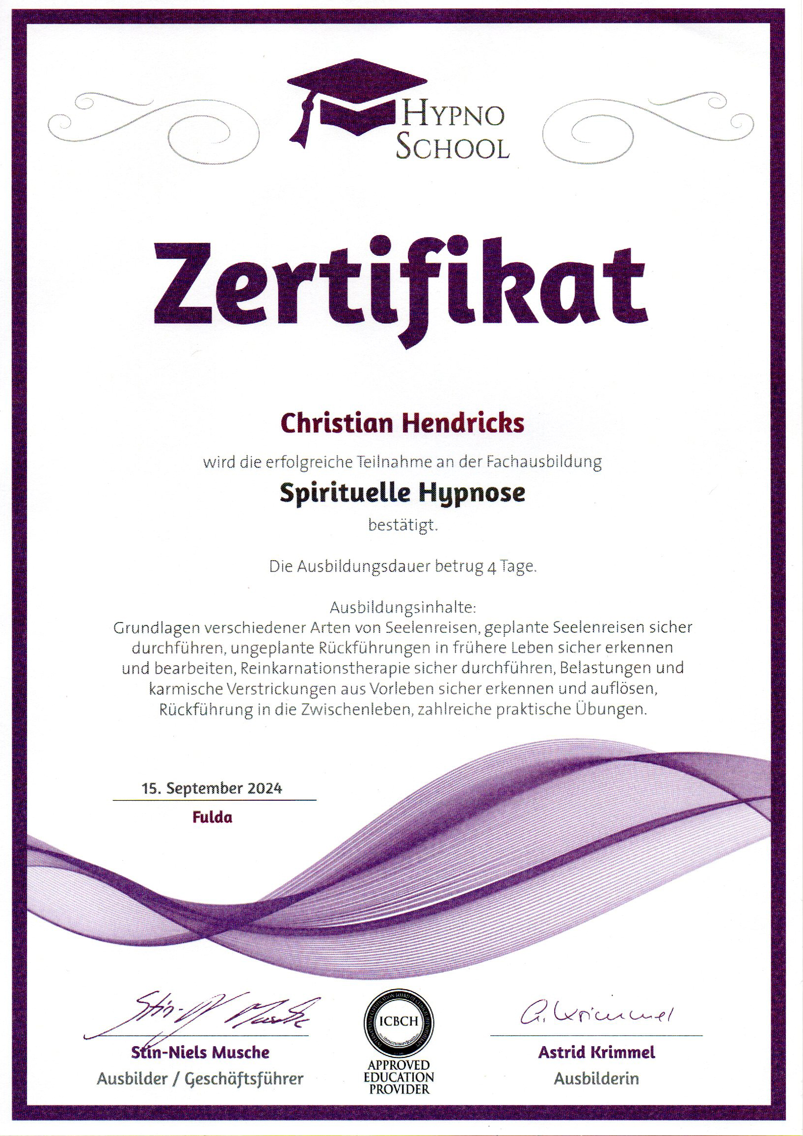 Zertifikat Spirituelle Hypnose Christian Hendricks