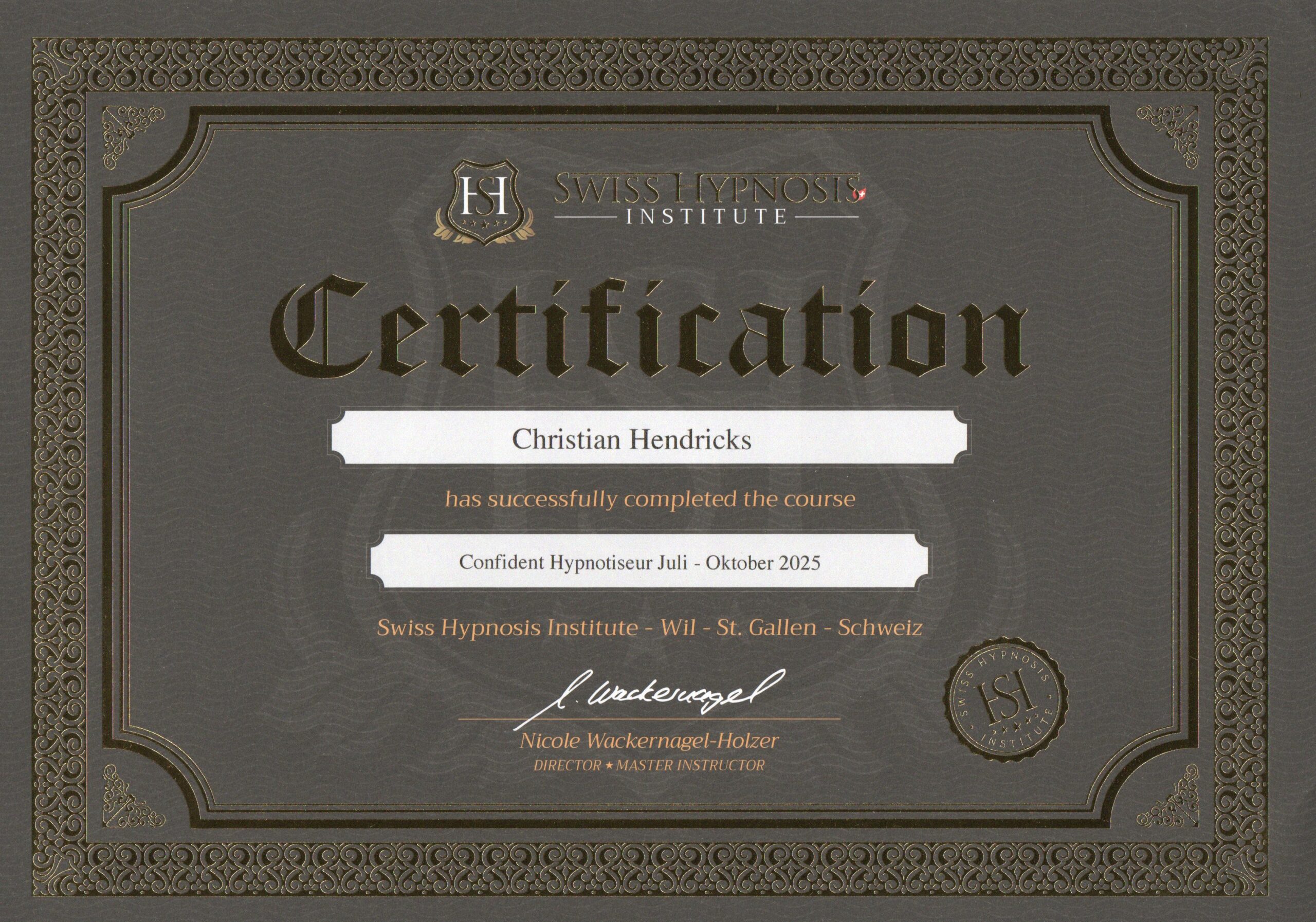 Zertikikat Confident Hypnotiseur Christian Hendricks