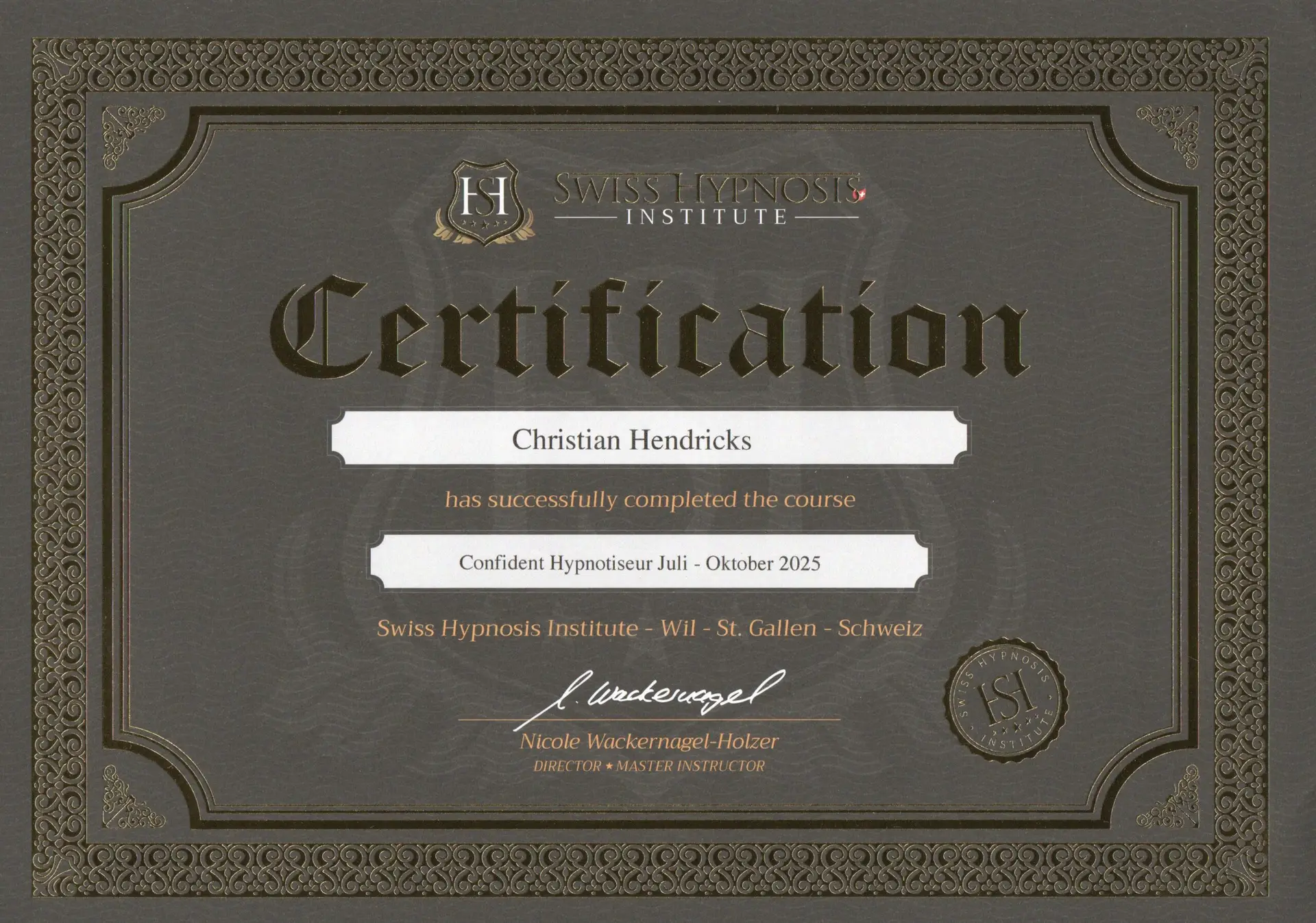 Zertikikat Confident Hypnotiseur Christian Hendricks