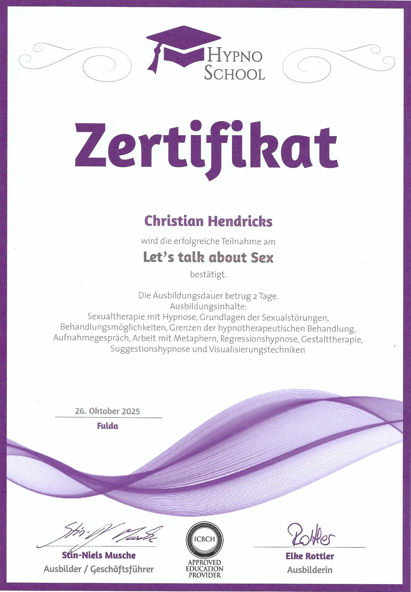 Zertifikat - Lets talk about Sex - Christian Hendricks