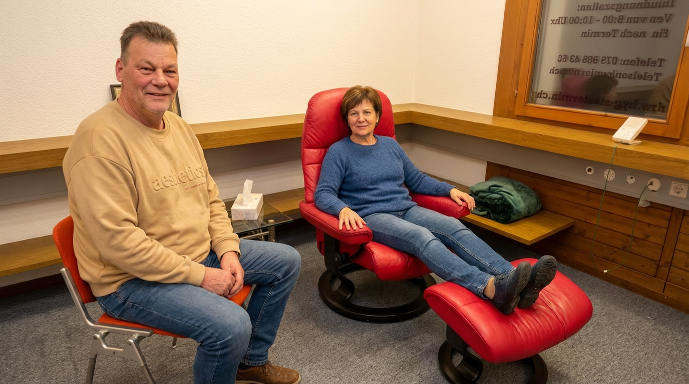 Hypnosetherapie in Mägenwil: Christian Hendricks begleitet eine Klientin in einer ruhigen, diskreten Sitzung.