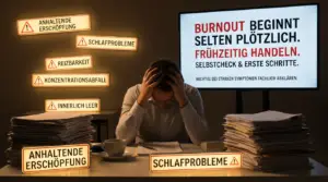 Burnout beginnt selten plötzlich. Früh zeigen sich oft anhaltende Erschöpfung, Schlafprobleme, Reizbarkeit, Konzentrationsabfall oder das Gefühl, innerlich „leer“ zu sein. In diesem Artikel bekommst du klare Warnzeichen, einen schnellen Selbstcheck und erste Schritte. Wichtig: Bei starken Symptomen bitte fachlich abklären.