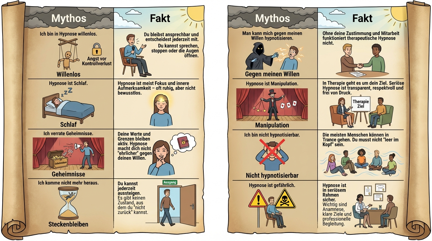 Hypnose-Mythen erklärt: kein Kontrollverlust, nicht willenlos, kein Schlaf – therapeutische Hypnose ist sicher, transparent und jederzeit stoppbar.