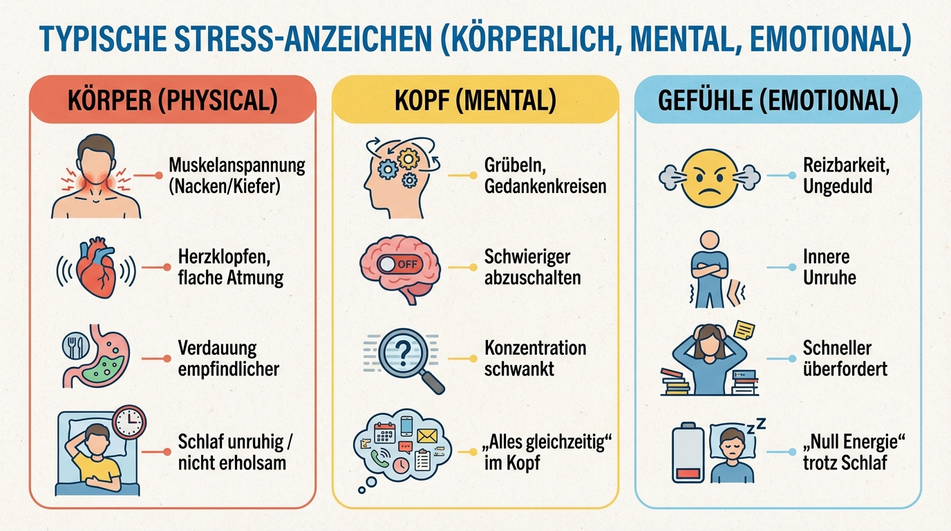 Typische Stress-Anzeichen: körperlich, mental, emotional