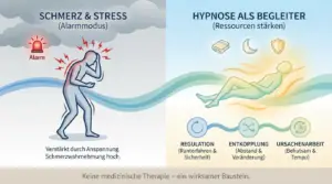 Welche Rolle Hypnose spielen kann Hypnose kann begleitend helfen, die Schmerzwahrnehmung zu regulieren, den Alarmmodus zu senken und Ressourcen (Ruhe, Sicherheit, Schlaf) zu stärken.