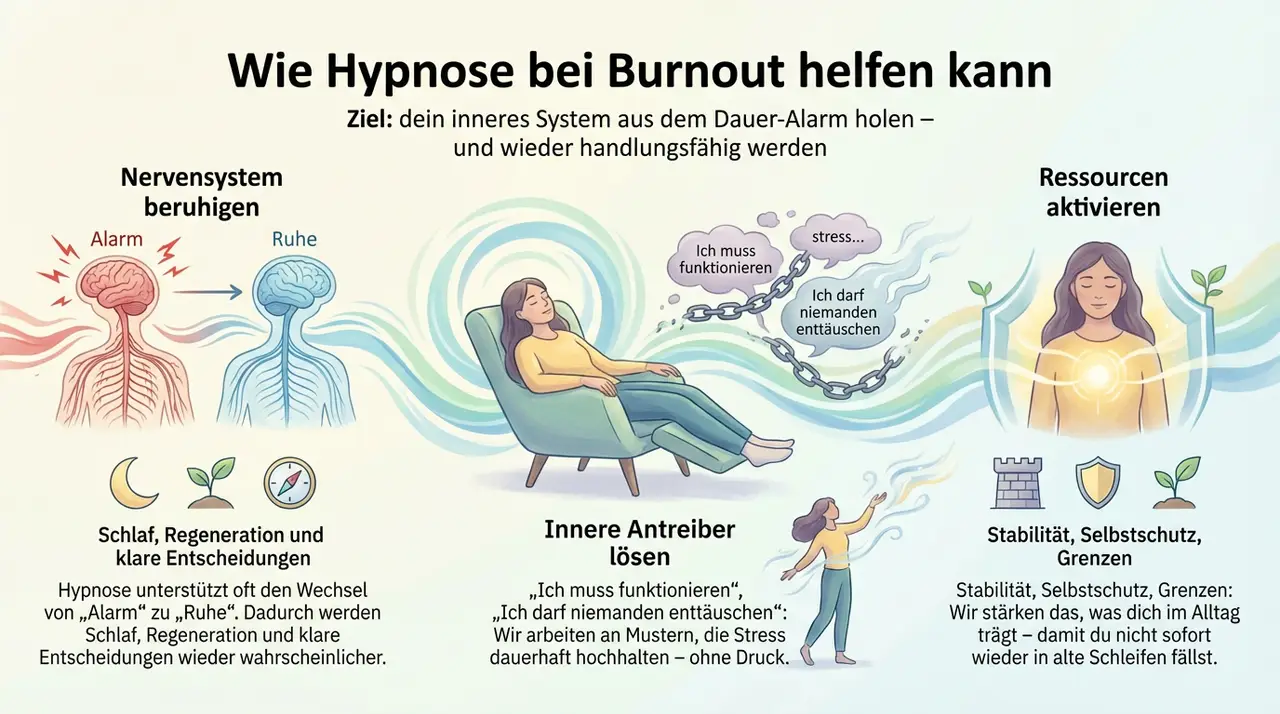 Wie Hypnose bei Burnout helfen kann – Grafik zu Stressregulation, Entlastung und mentaler Erholung