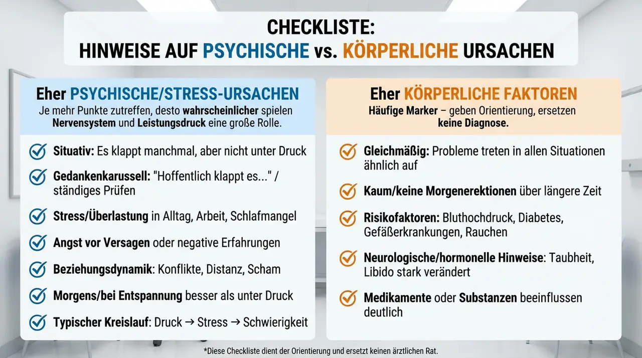 Checkliste: Hinweise auf eher psychische Stress-Ursachen bei Erektionsproblemen