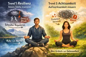 Resilienz – innere Stärke als trainierbare Fähigkeit Resilienz bedeutet nicht „hart werden“, sondern schneller wieder regulieren: Nach Stress oder Druck wieder in Klarheit kommen, statt im Alarm hängen zu bleiben. Trend 2: Achtsamkeit – Aufmerksamkeit steuern statt Gedanken folgen Achtsamkeit hilft vielen, aus Grübel- und Alarmspiralen auszusteigen. Der Hebel ist simpel: Wahrnehmen, ohne sofort zu kämpfen – dadurch sinkt der innere Druck.