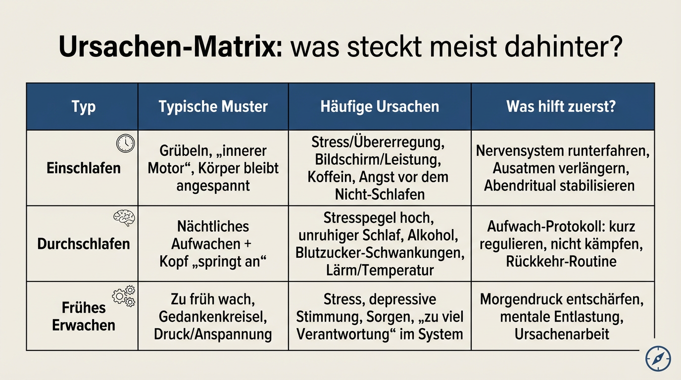 Ursachen-Matrix: was steckt meist hinter Einschlafproblemen und Durchschlafproblemen?