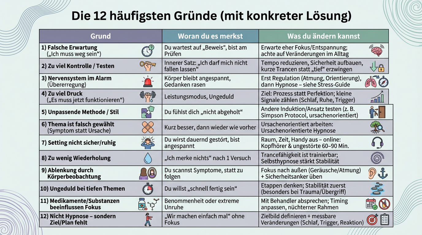 Warum Hypnose manchmal nicht wirkt: 12 häufige Gründe und was du konkret ändern kannst